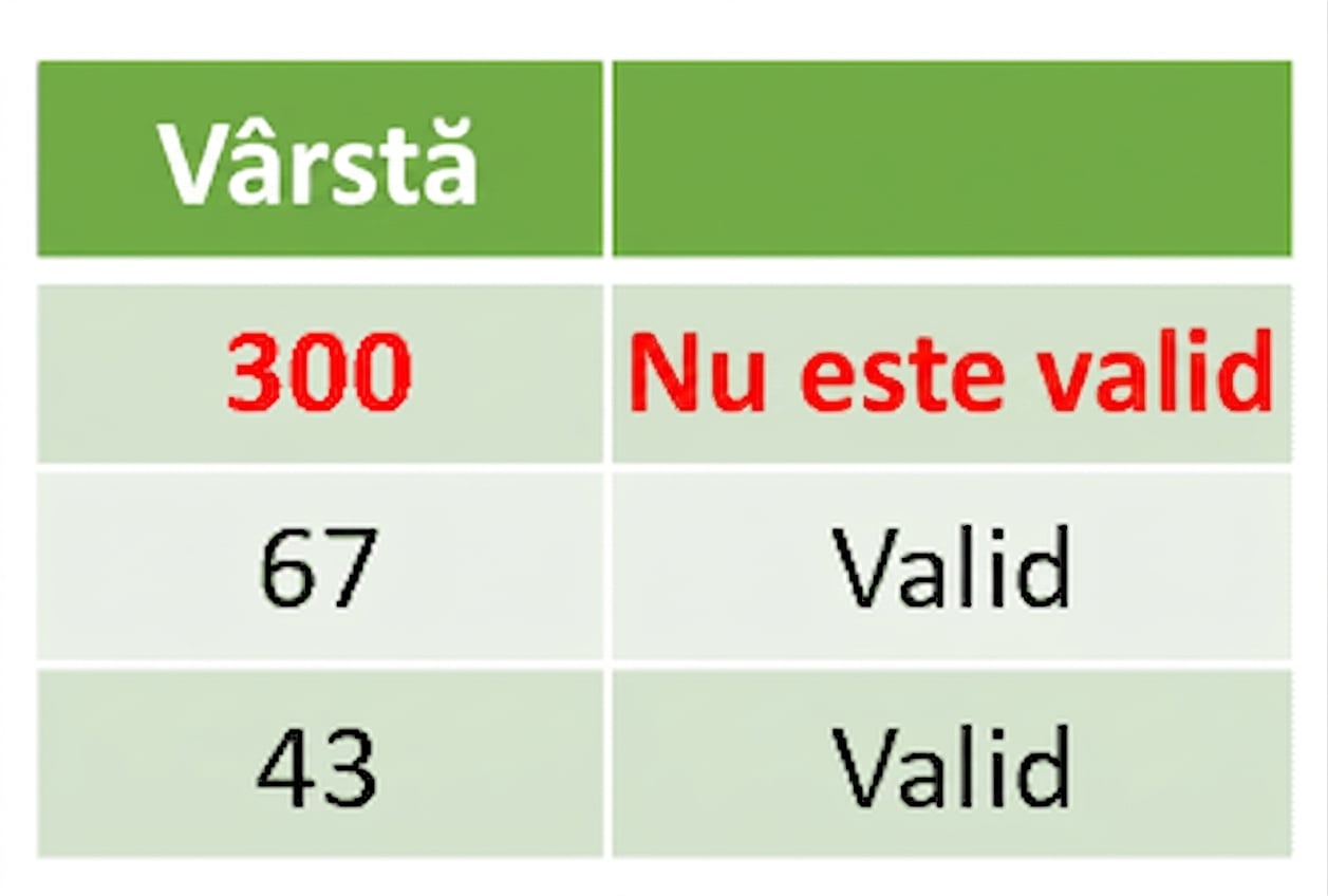 Tabel cu coloana Vârstă, primul rând conținând valoarea 300, marcată ca invalidă.