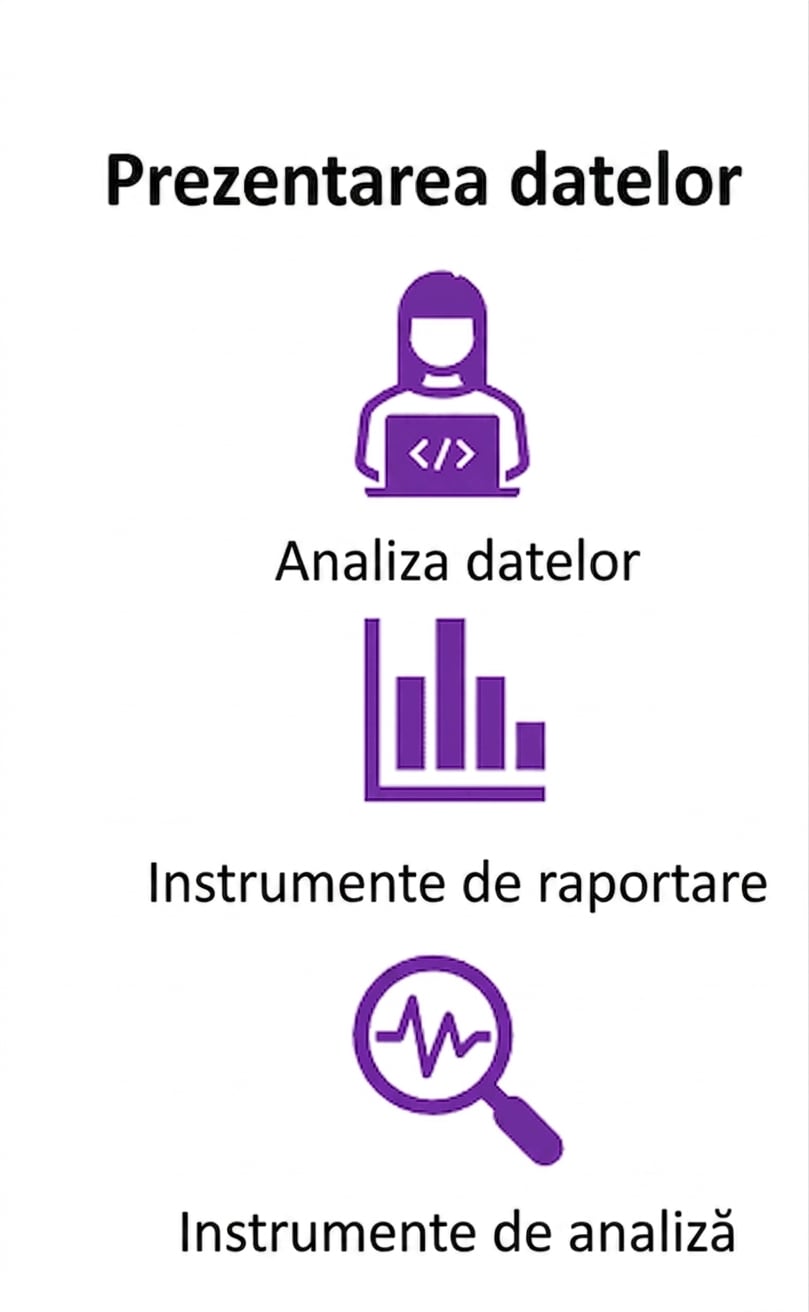 imaginea unei pictograme cu o persoană la calculator, o pictogramă de raport și o pictogramă cu lupă