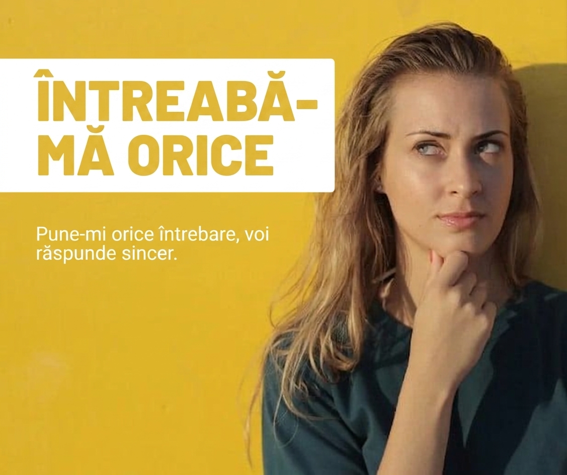 o femeie gândindu-se cu atenție lângă fraza „Întrebați-mă orice"