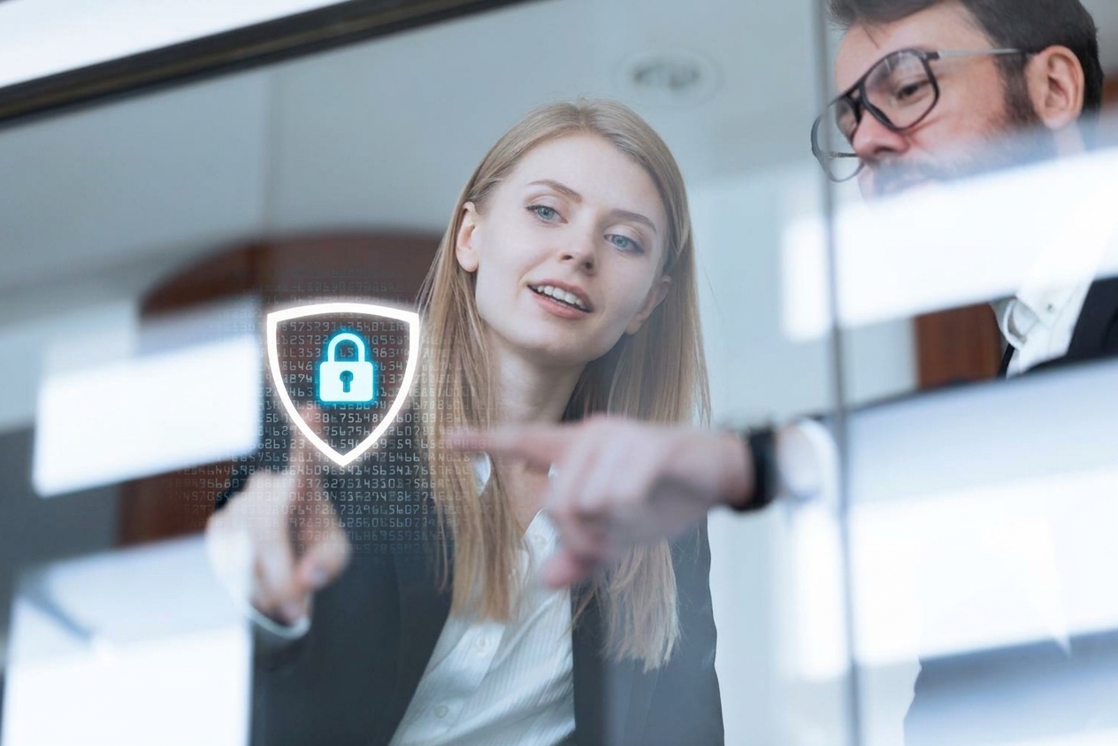 O imagine cu două persoane care colaborează pentru protecția datelor