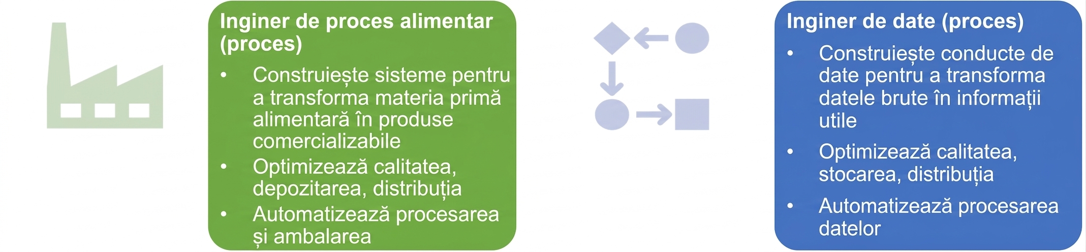 O imagine care prezintă responsabilitățile unui inginer de procesare alimentară și ale unui inginer de date