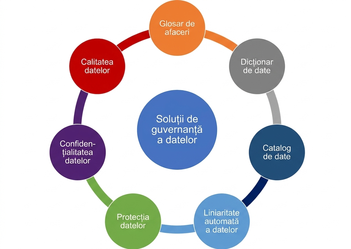 Diagramă cu șapte funcționalități ale soluțiilor de guvernanță a datelor