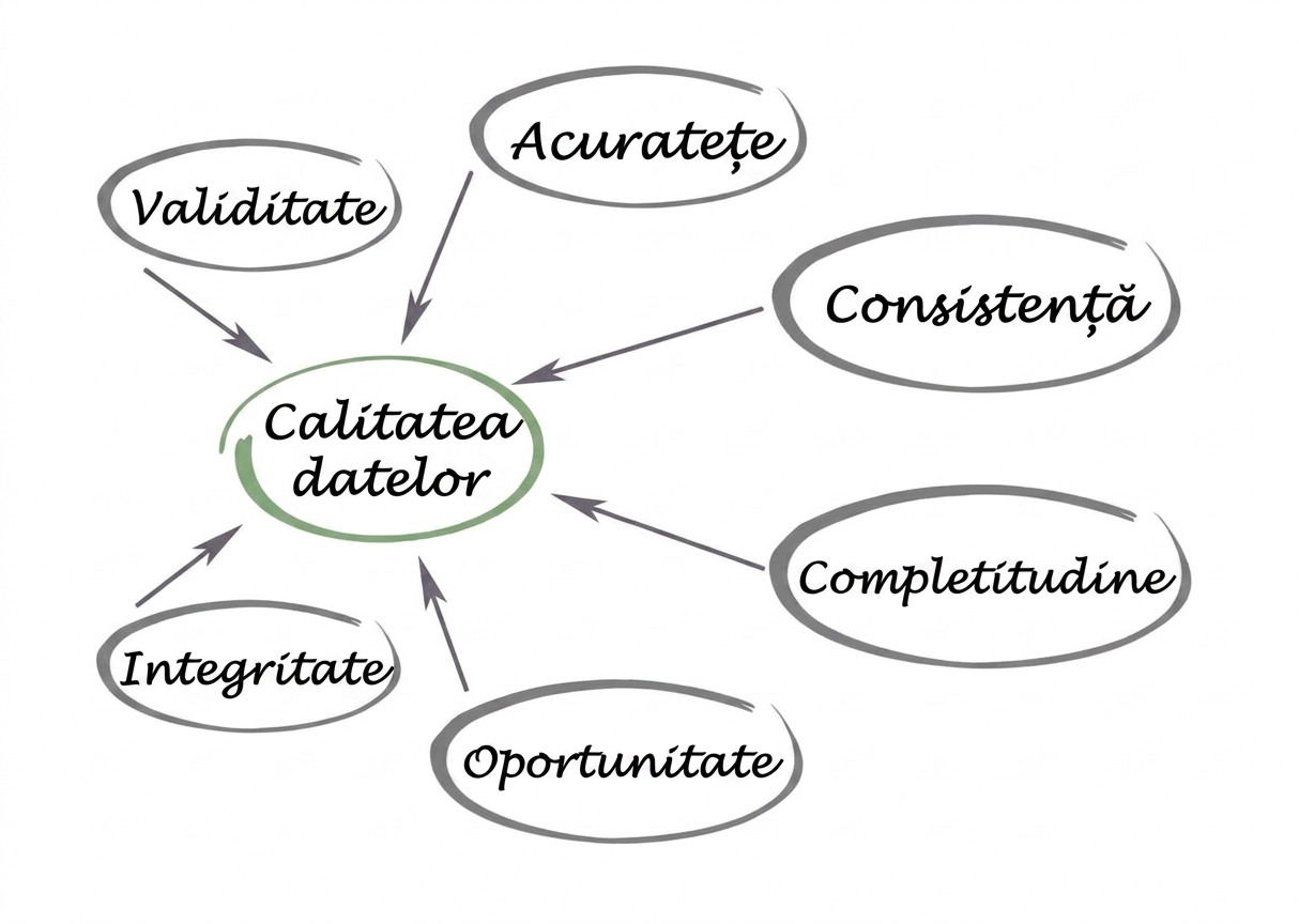 Diagramă cu calitatea datelor în centru și validitate, exactitate, consistență, completitudine, promptitudine și integritate îndreptate spre centru