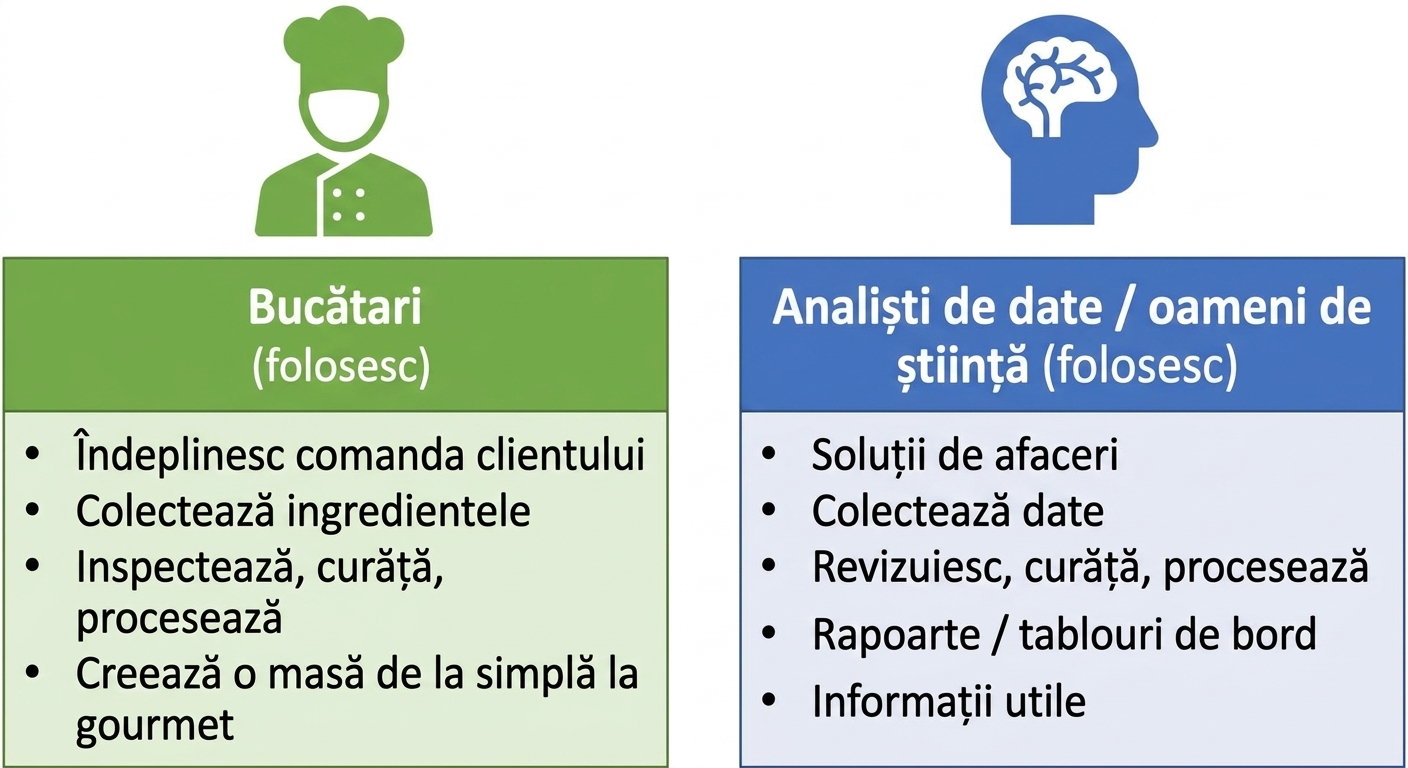O imagine care prezintă responsabilitățile bucătarilor, analiștilor de date și oamenilor de știință în date.