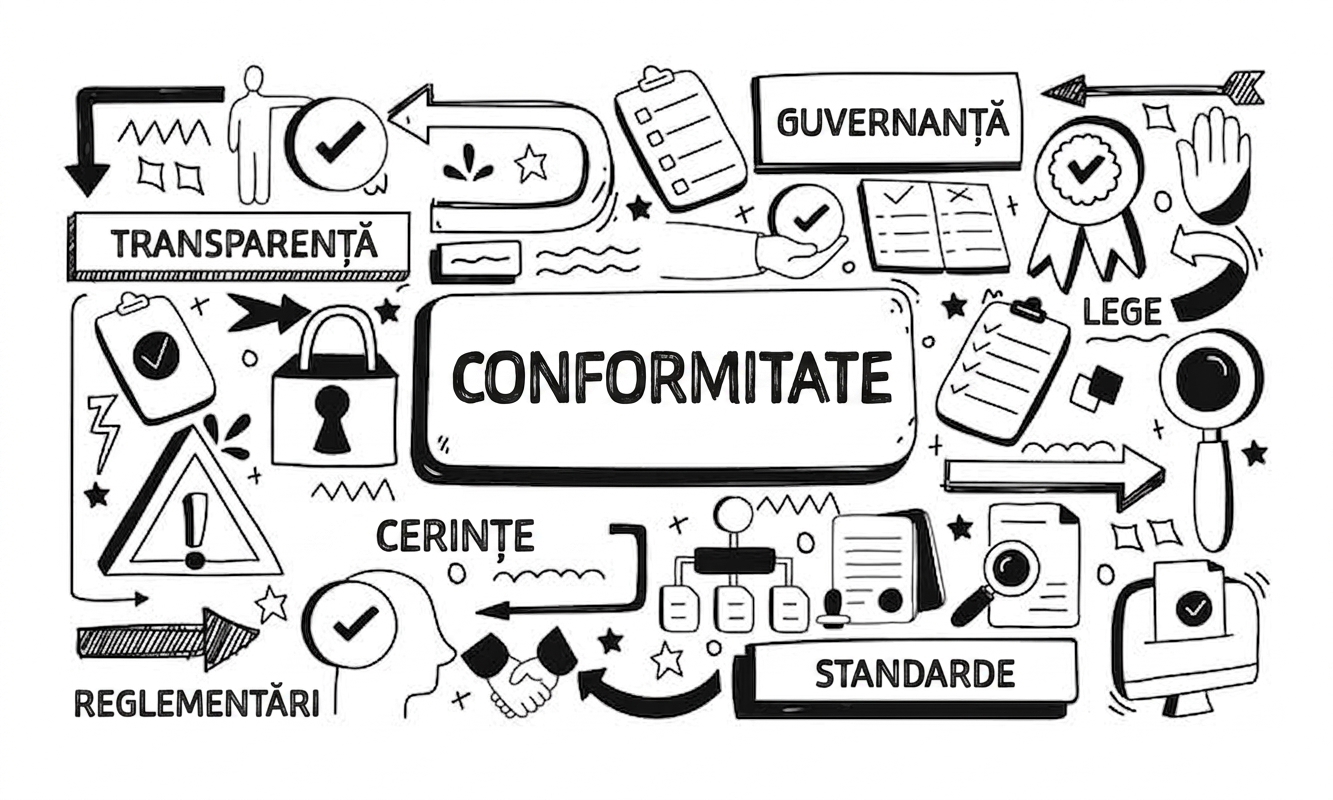 Imagine cu cuvântul „conformitate" înconjurat de obiecte și cuvinte precum guvernanță, cerințe și reglementări