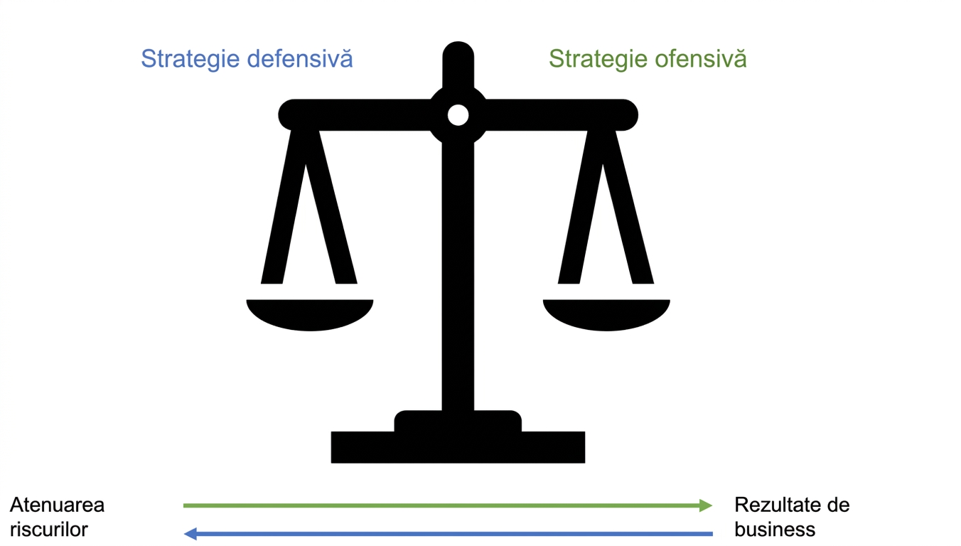Diagramă cu strategia defensivă și ofensivă, cu echilibru în mijloc