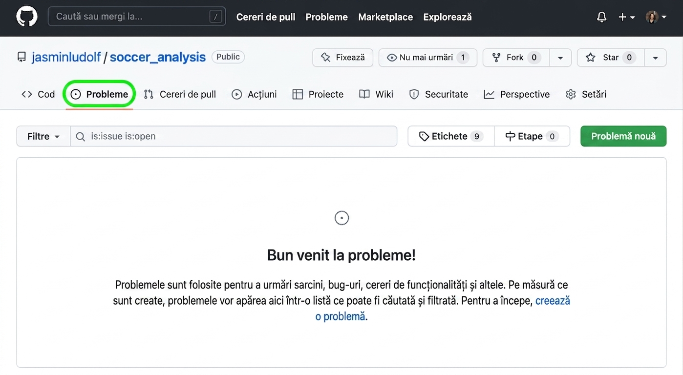 Vedere a repository-ului de analiză fotbal cu fila Issues evidențiată