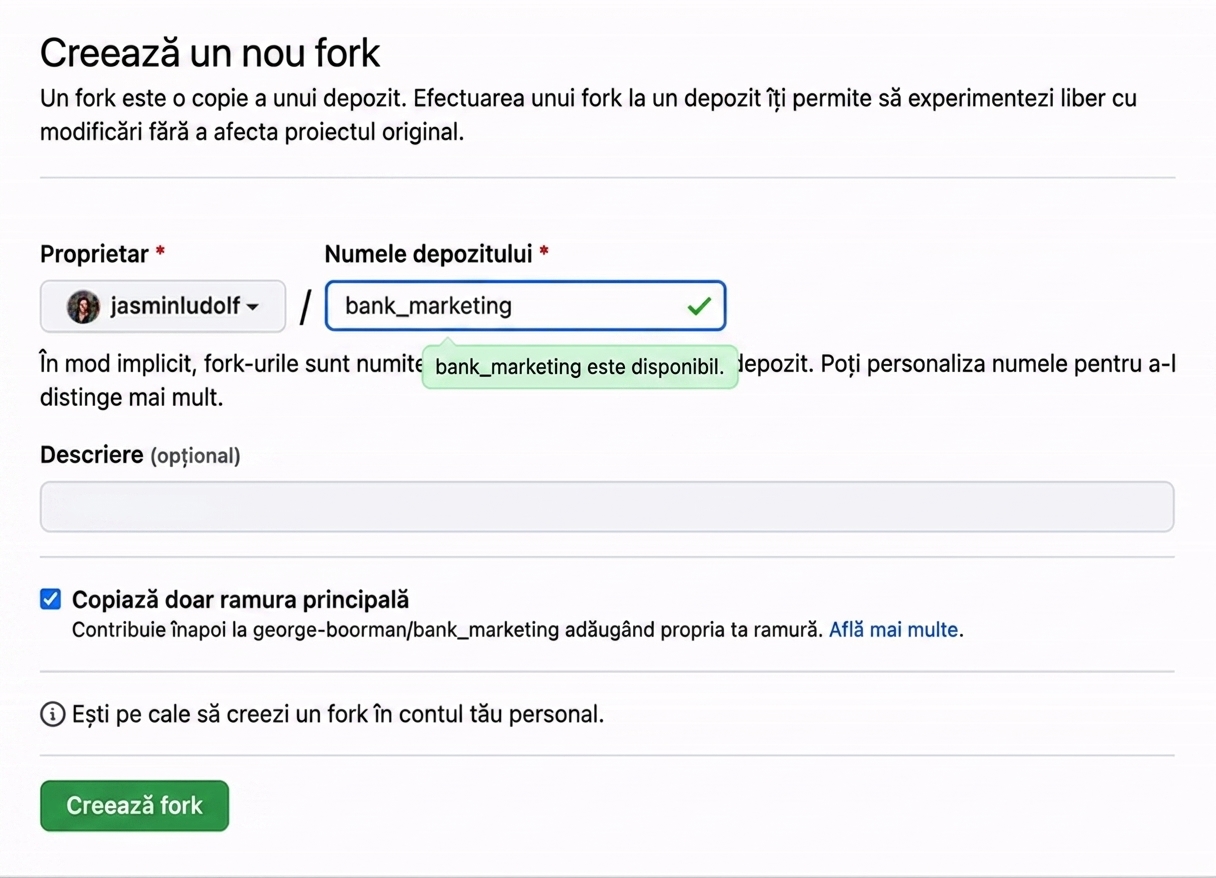 Imagine animată care arată schimbarea numelui repo-ului forkat din bank marketing în bank marketing jasmin.