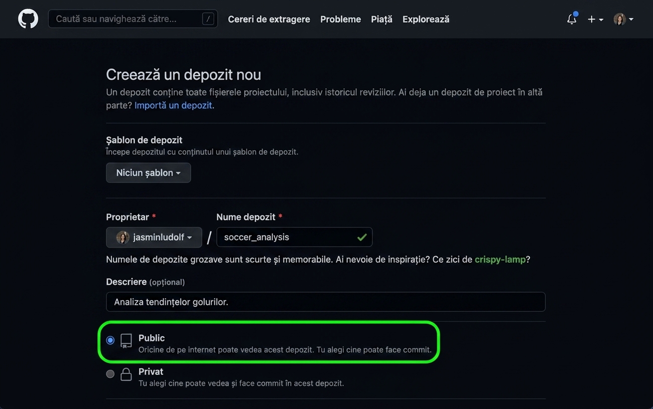 Vedere a paginii de creare a unui repository nou pe GitHub cu opțiunea publică evidențiată