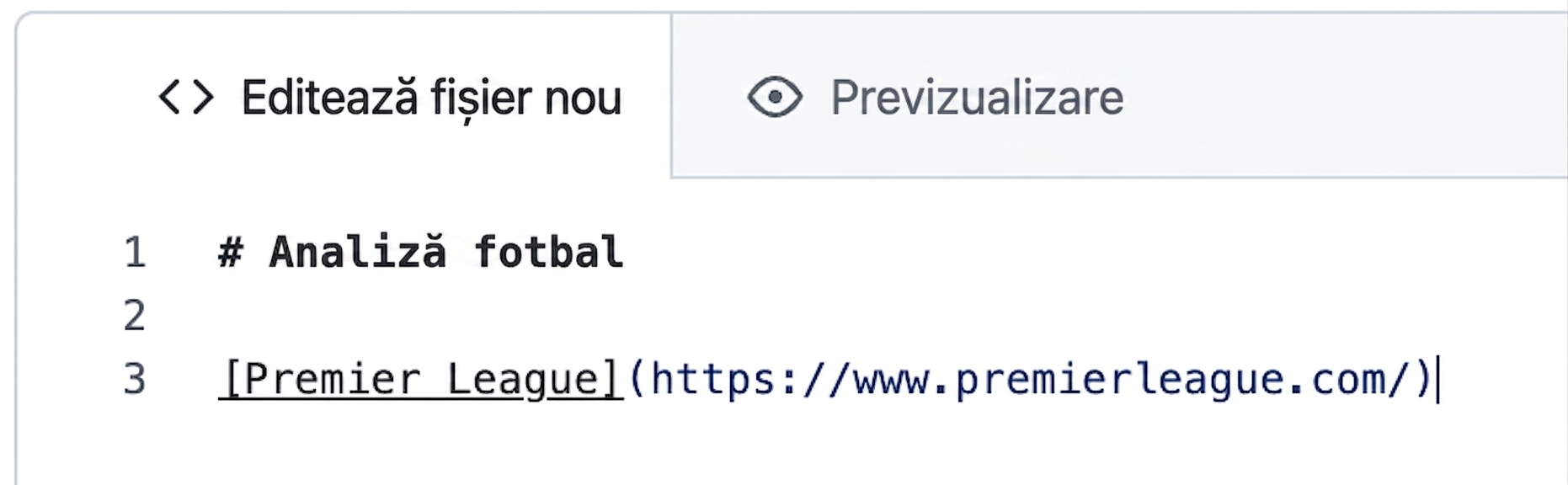 Vizualizarea paginii de editare a unui fișier markdown cu sintaxa pentru un hyperlink