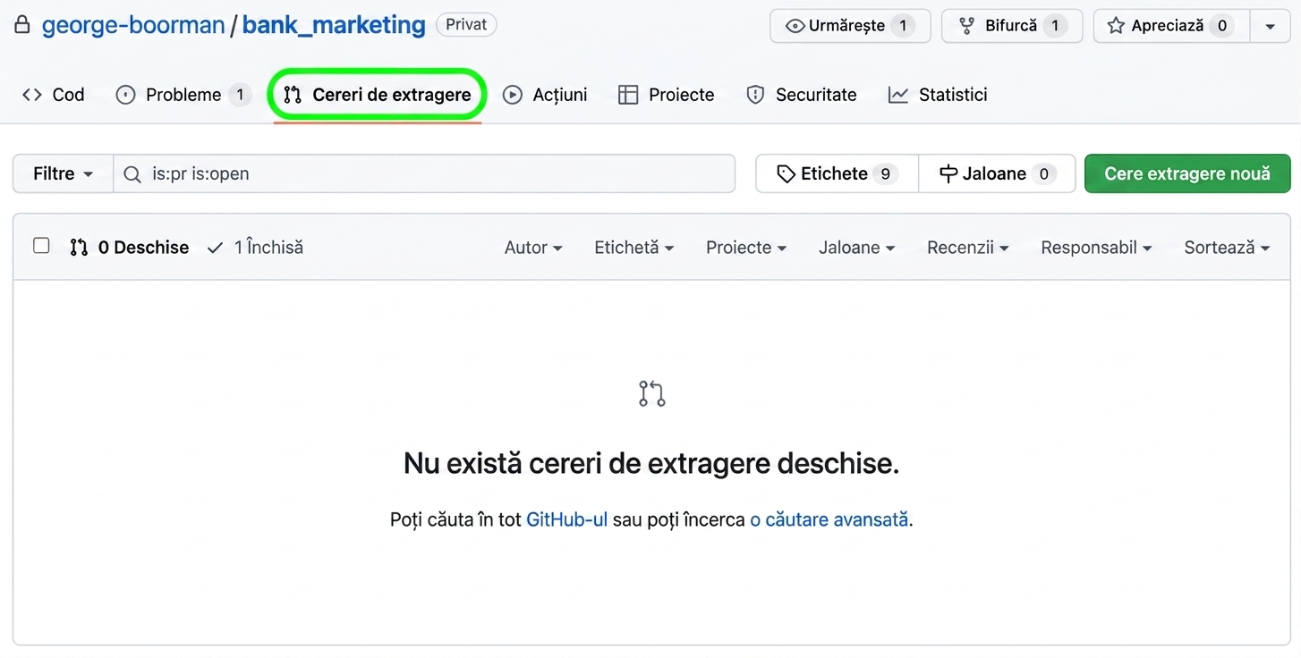 Vizualizarea filei Pull requests