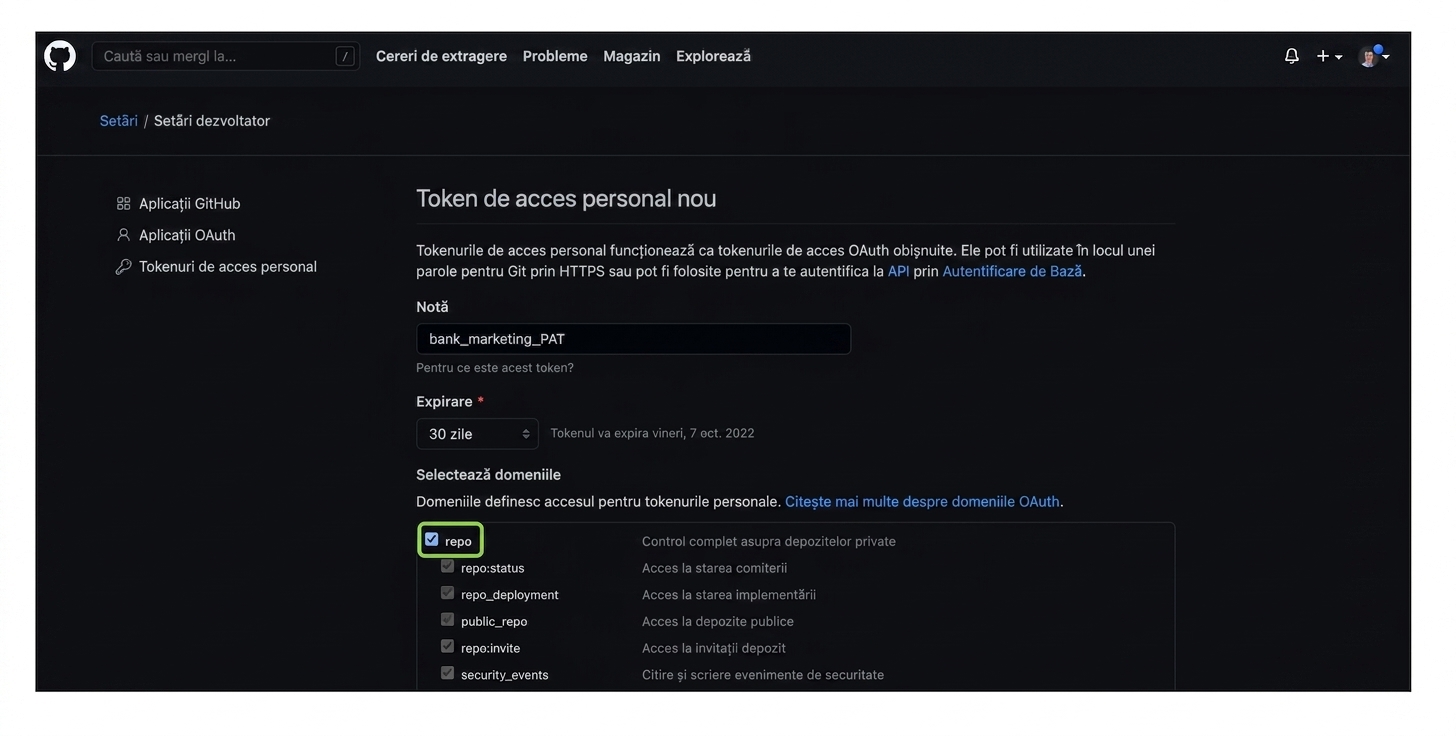 Selectarea casetei de acces la repository