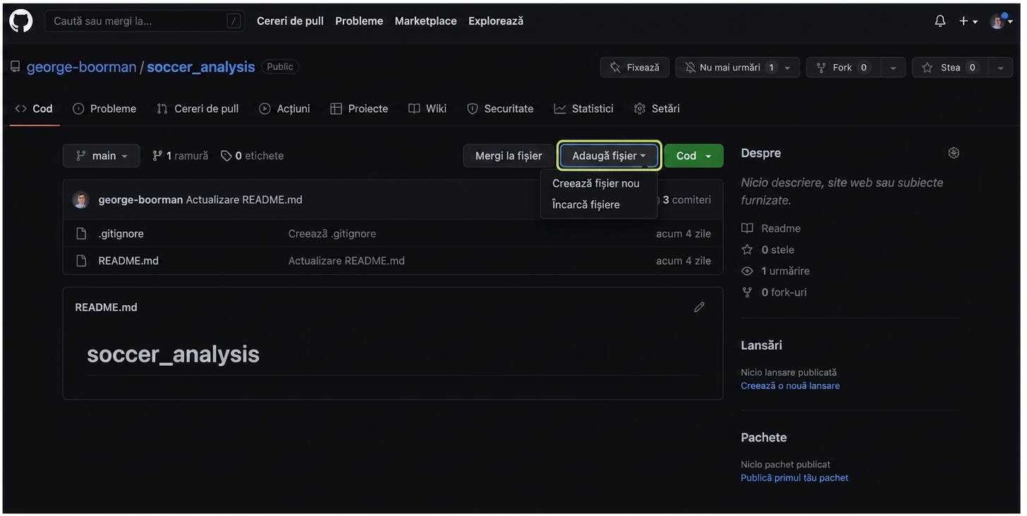 Secțiunea Code a unui repo GitHub cu butonul Add file evidențiat