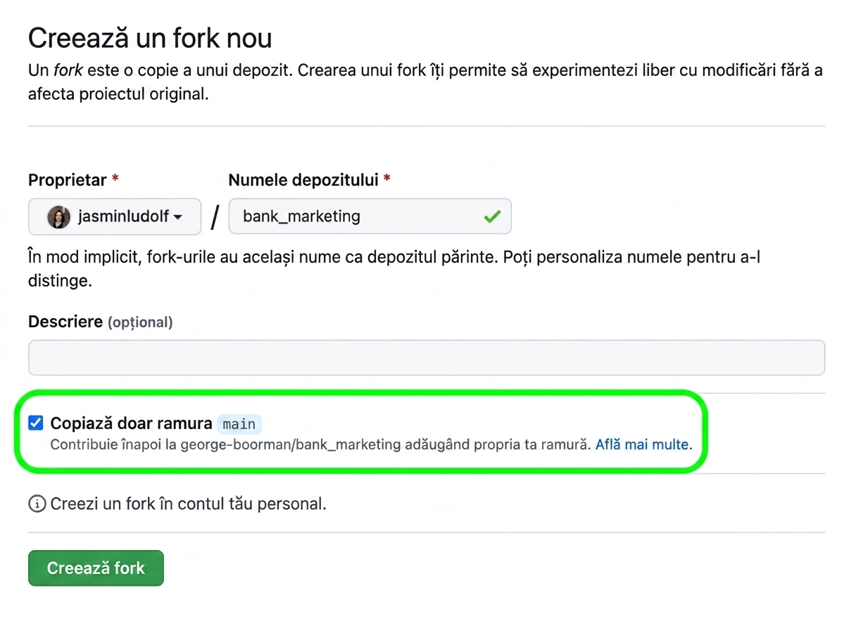 Vedere a paginii de creare a unui fork nou, cu secțiunea branch evidențiată