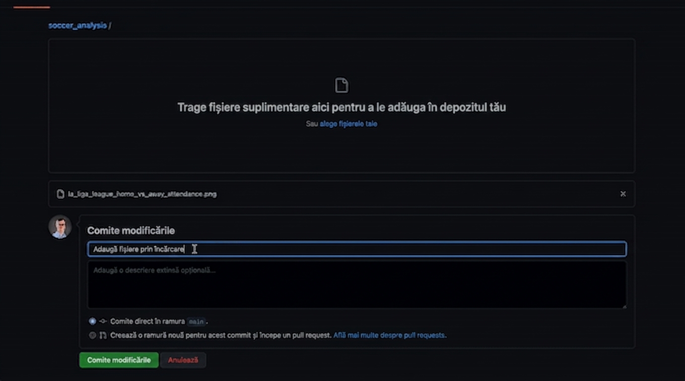 Video ce adaugă mesajul de commit „Add la liga attendance plot" și realizează un commit