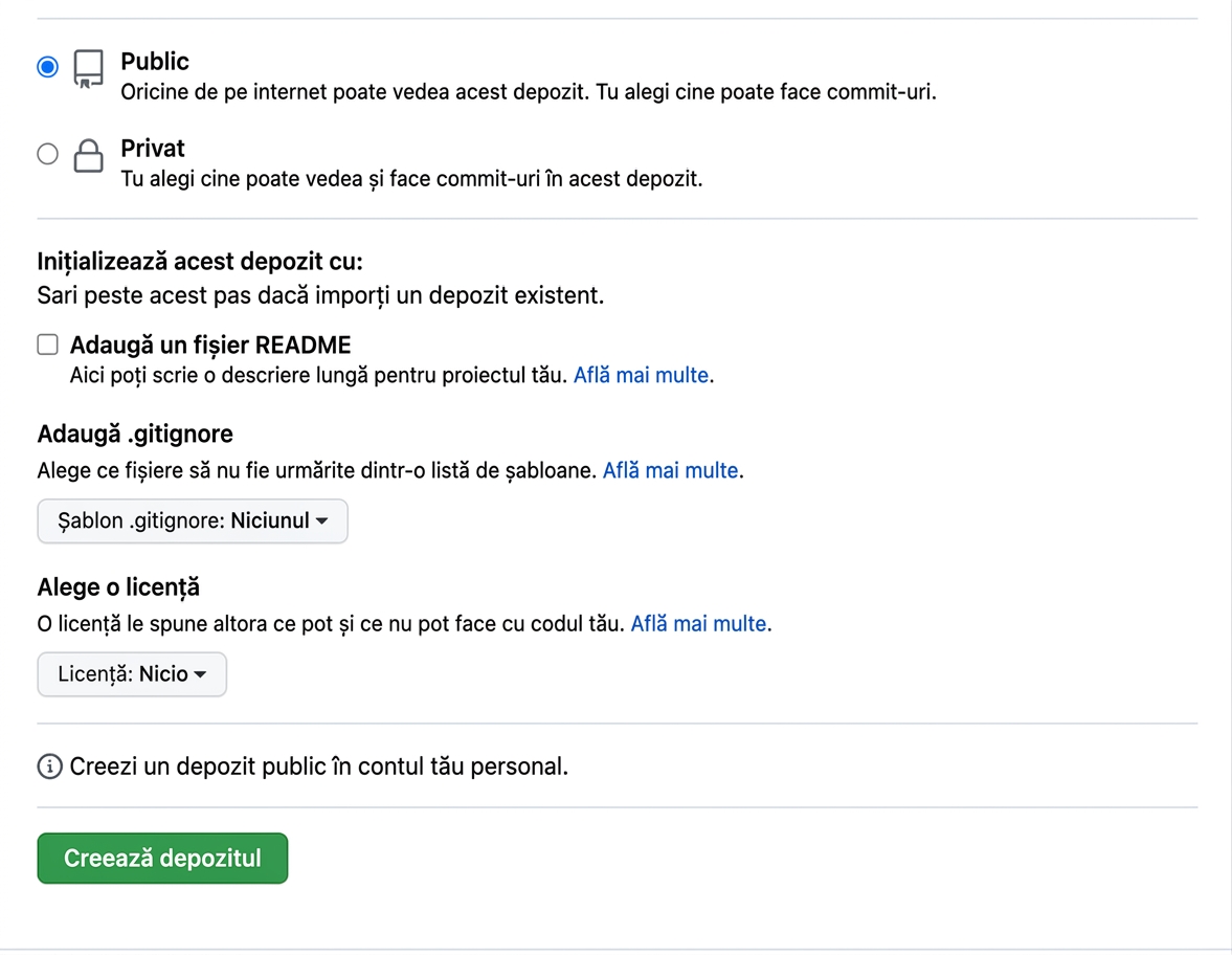 Vedere a paginii de creare a unui repository nou pe GitHub