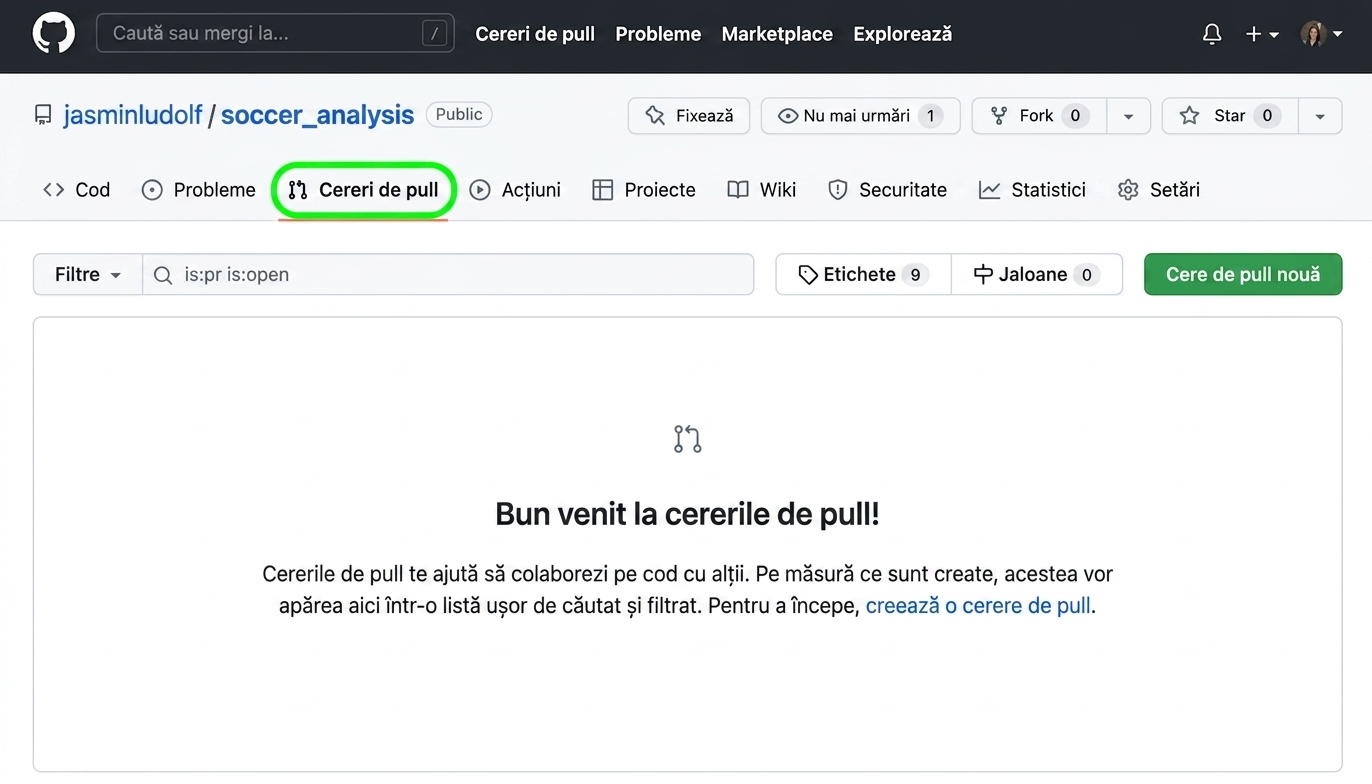 Vedere a repository-ului de analiză fotbal cu fila Pull Requests evidențiată