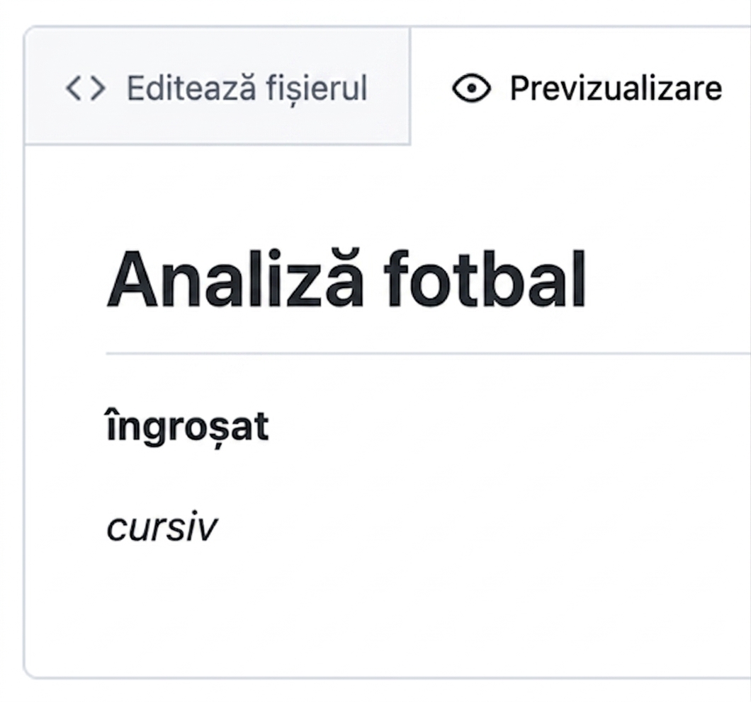 Vizualizarea paginii de previzualizare a unui fișier markdown cu text bold și italic