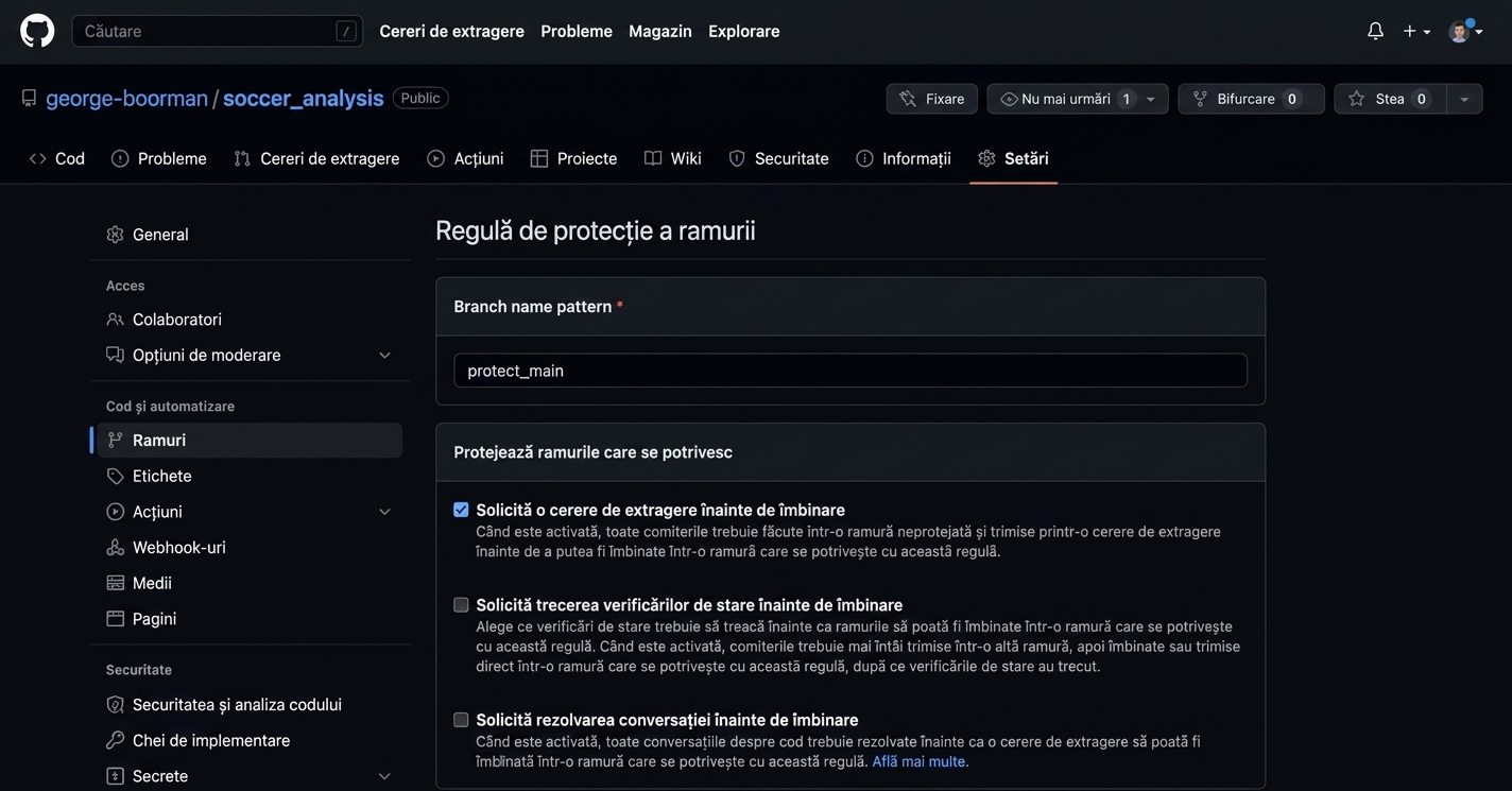 Video cu selectarea opțiunii Require a pull request before merging