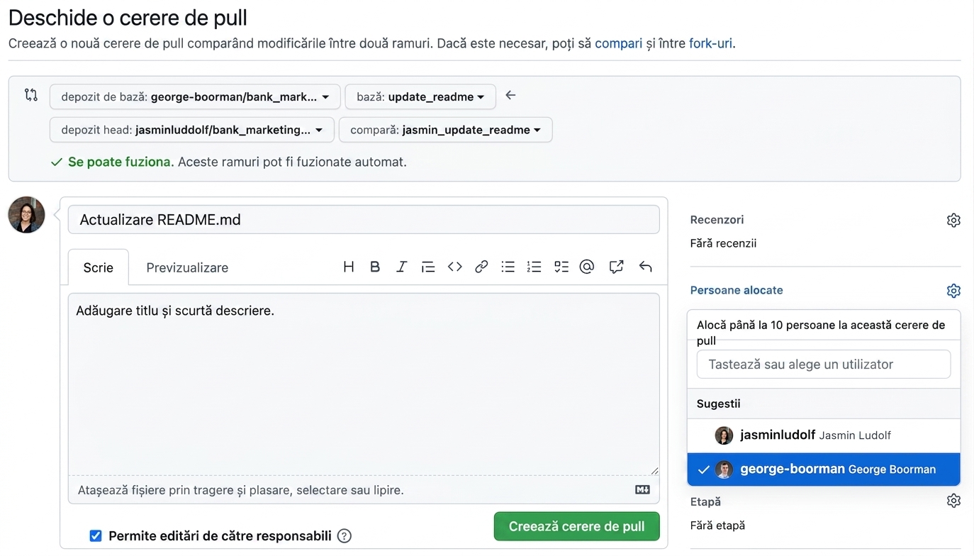 Vizualizare pentru atribuirea unui pull request