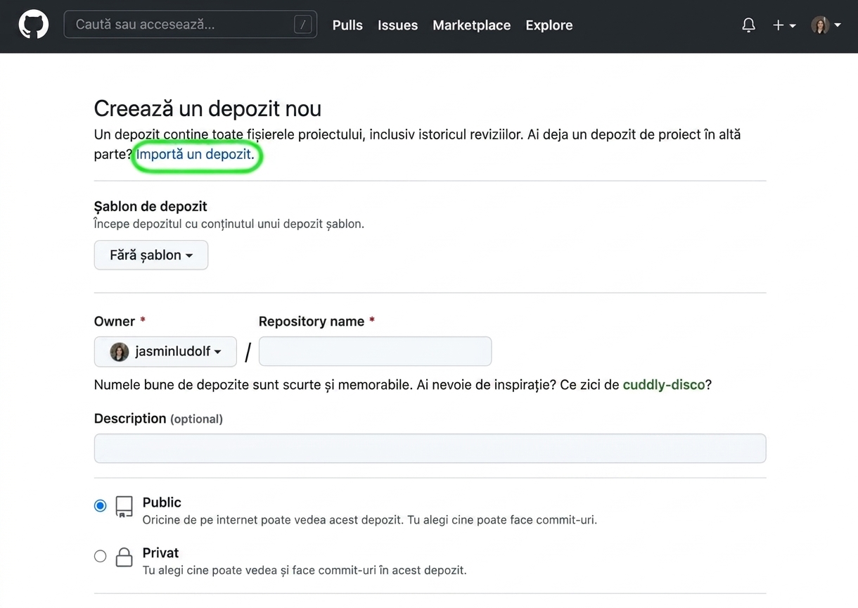 Vedere a paginii de creare a unui repository nou pe GitHub cu opțiunea de import evidențiată
