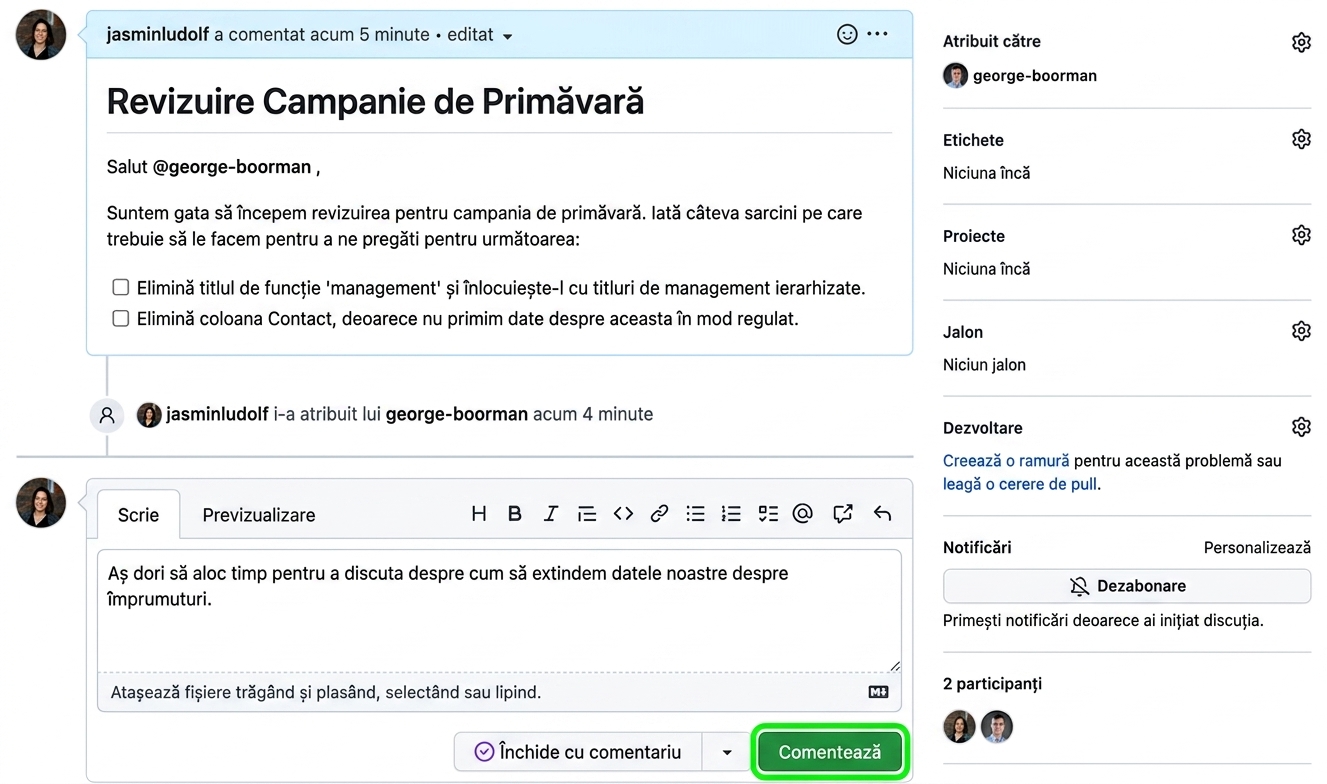 Vedere a adăugării unui comentariu la un issue existent