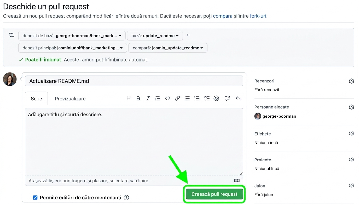 Vizualizare pentru deschiderea unui pull request cu butonul de creare evidențiat