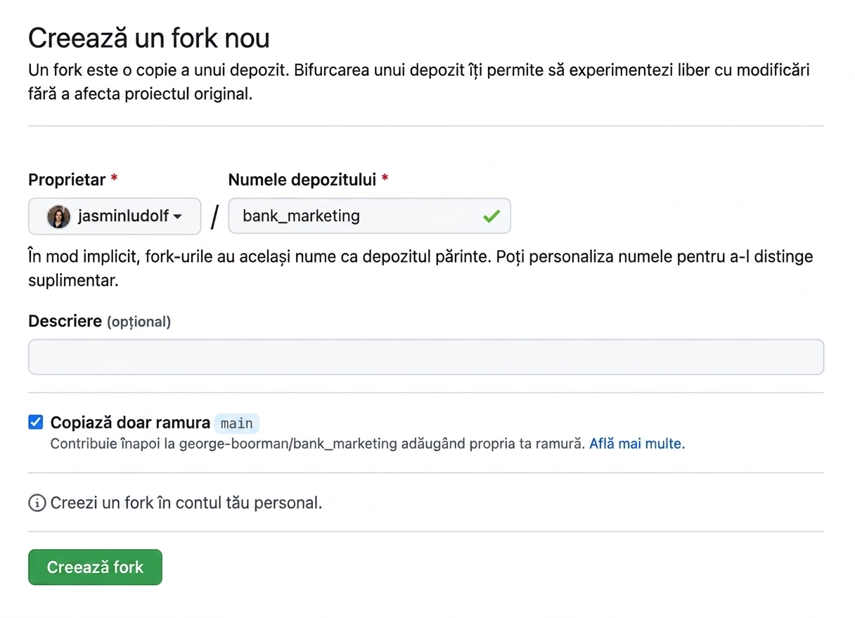 Vedere a paginii de creare a unui fork nou