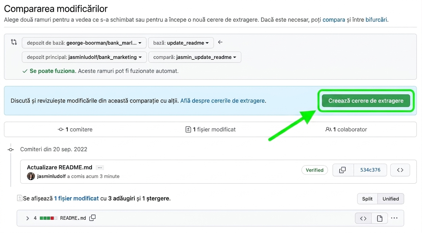 Vizualizare comparare modificări cu evidențierea butonului de creare pull request