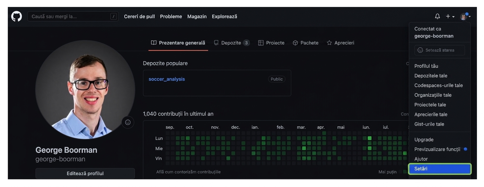 accesarea secțiunii de setări din pagina de profil