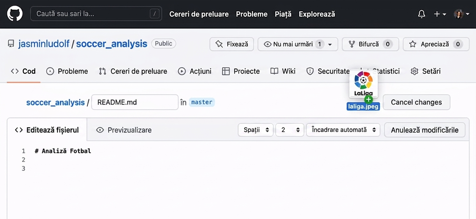 Vizualizare animată a glisării unei imagini în fișierul markdown și randarea automată a sintaxei de către GitHub