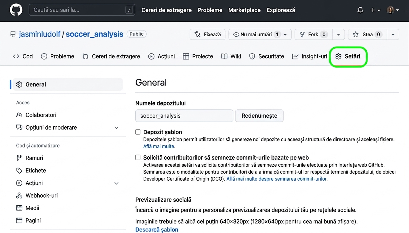 Vedere a repository-ului de analiză fotbal cu fila Settings evidențiată