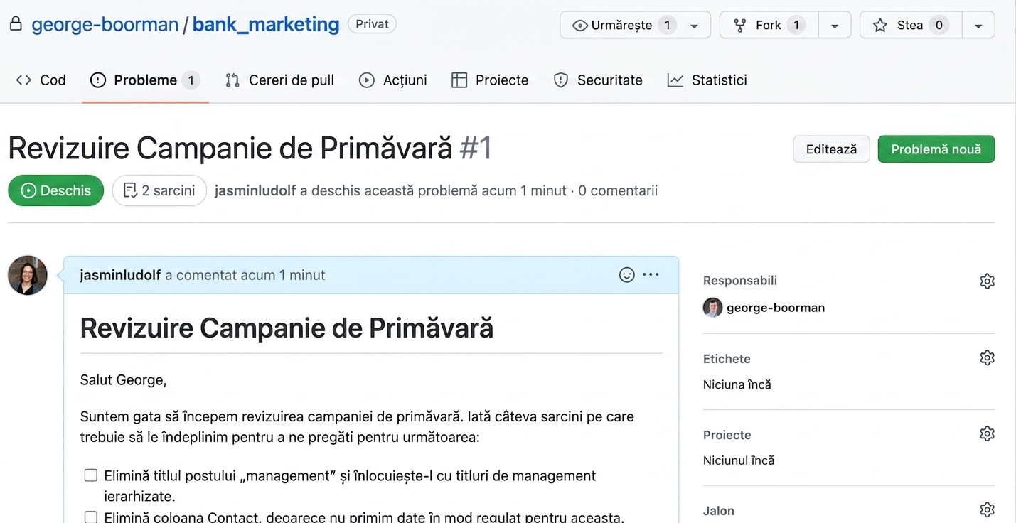 Vedere a unui issue trimis cu un utilizator atribuit