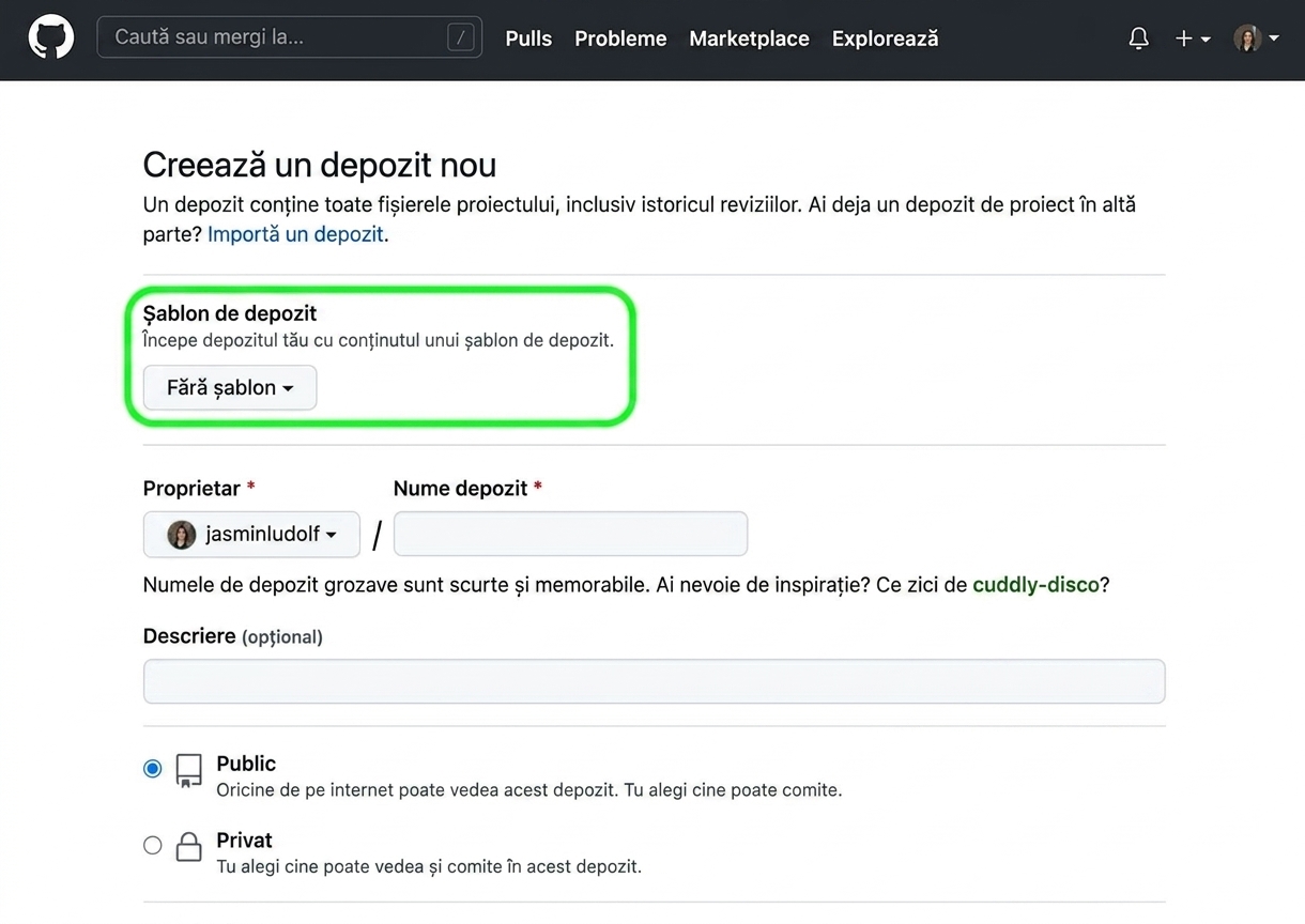 Vedere a paginii de creare a unui repository nou pe GitHub cu opțiunea de șablon evidențiată