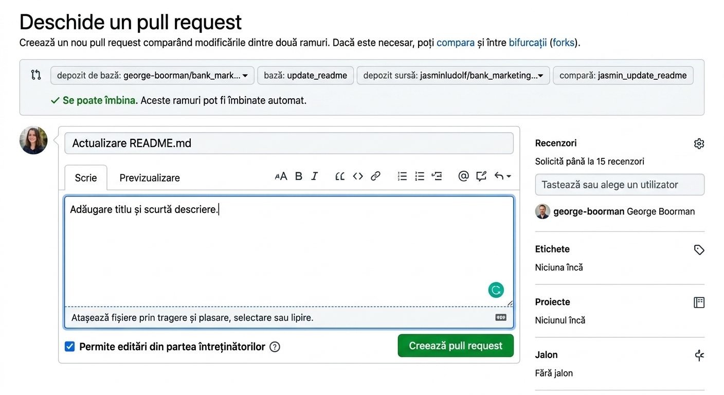 Vizualizarea pull request-ului cu secțiunea de revizori vizibilă