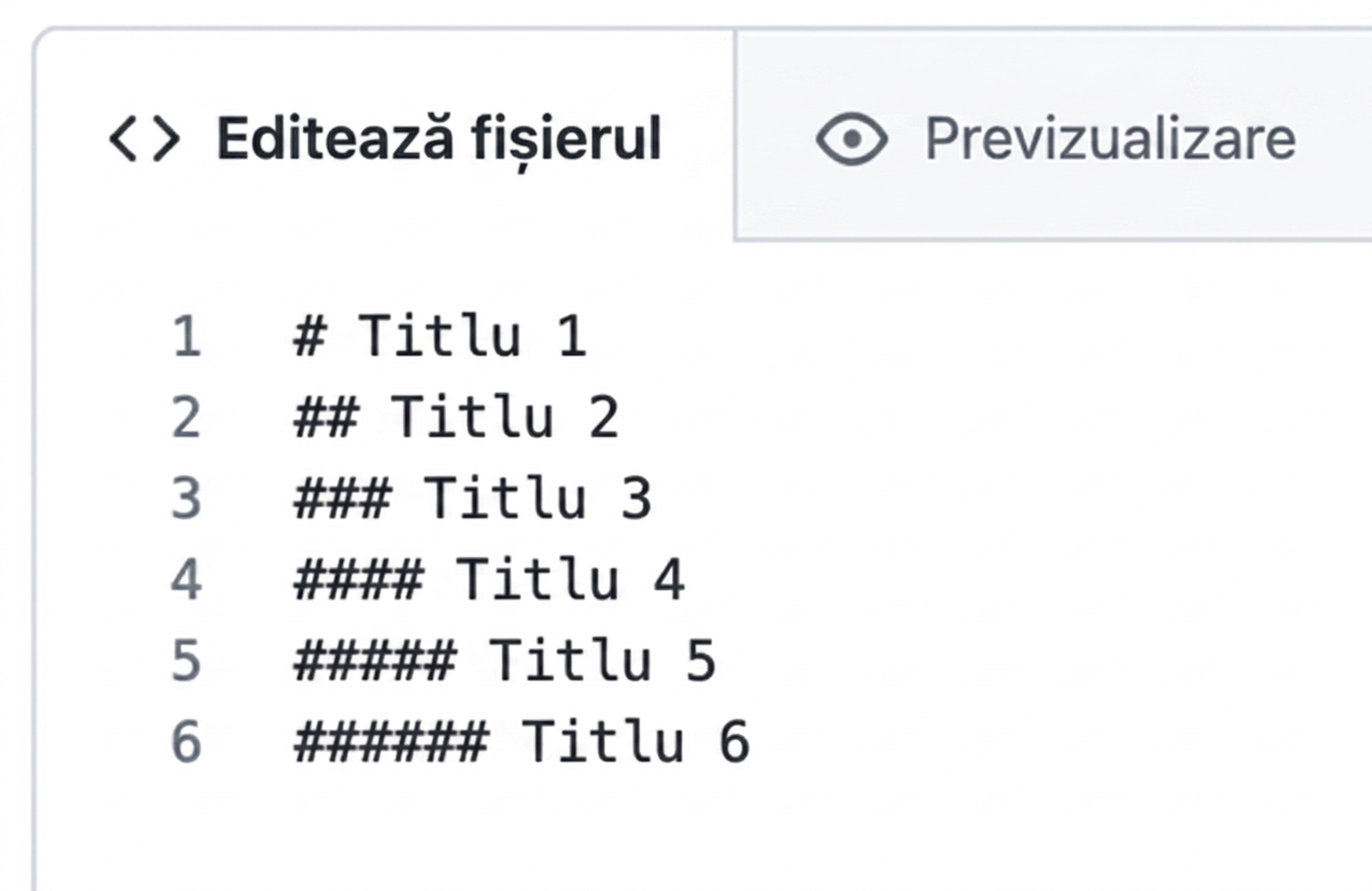 Vizualizarea paginii de editare a unui fișier markdown cu sintaxa pentru toate șase tipuri de titluri