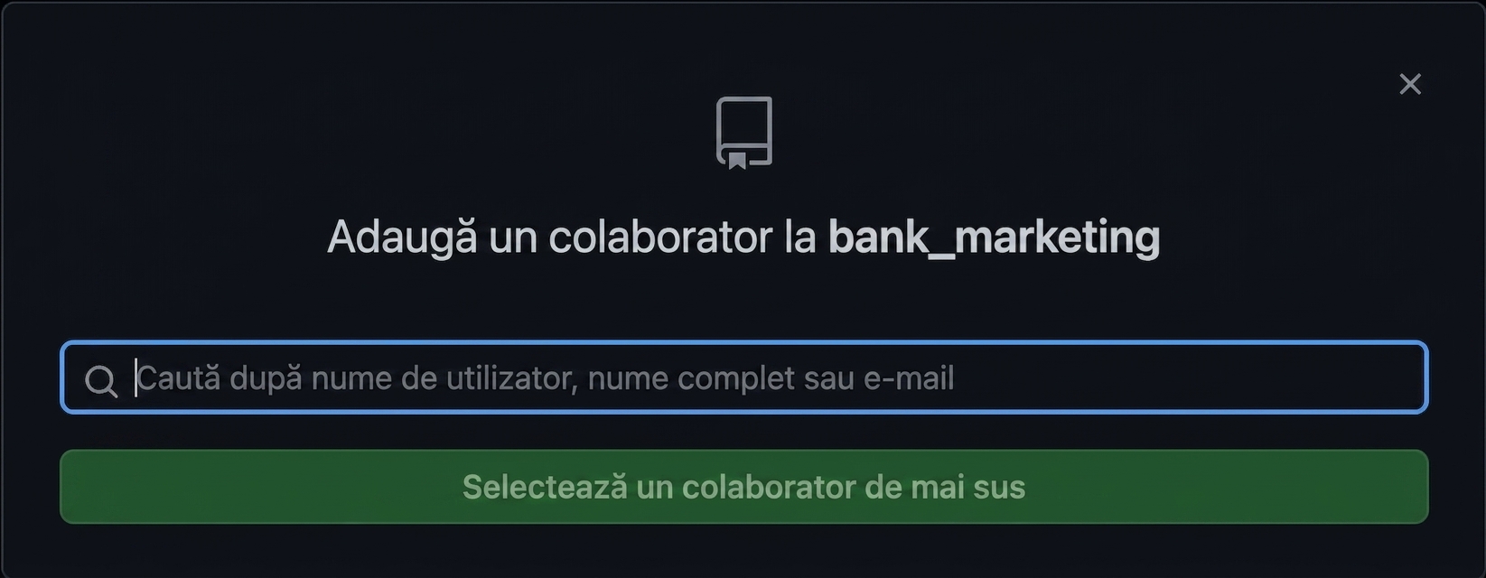 Fereastră pop-up pentru adăugarea unui colaborator la repo