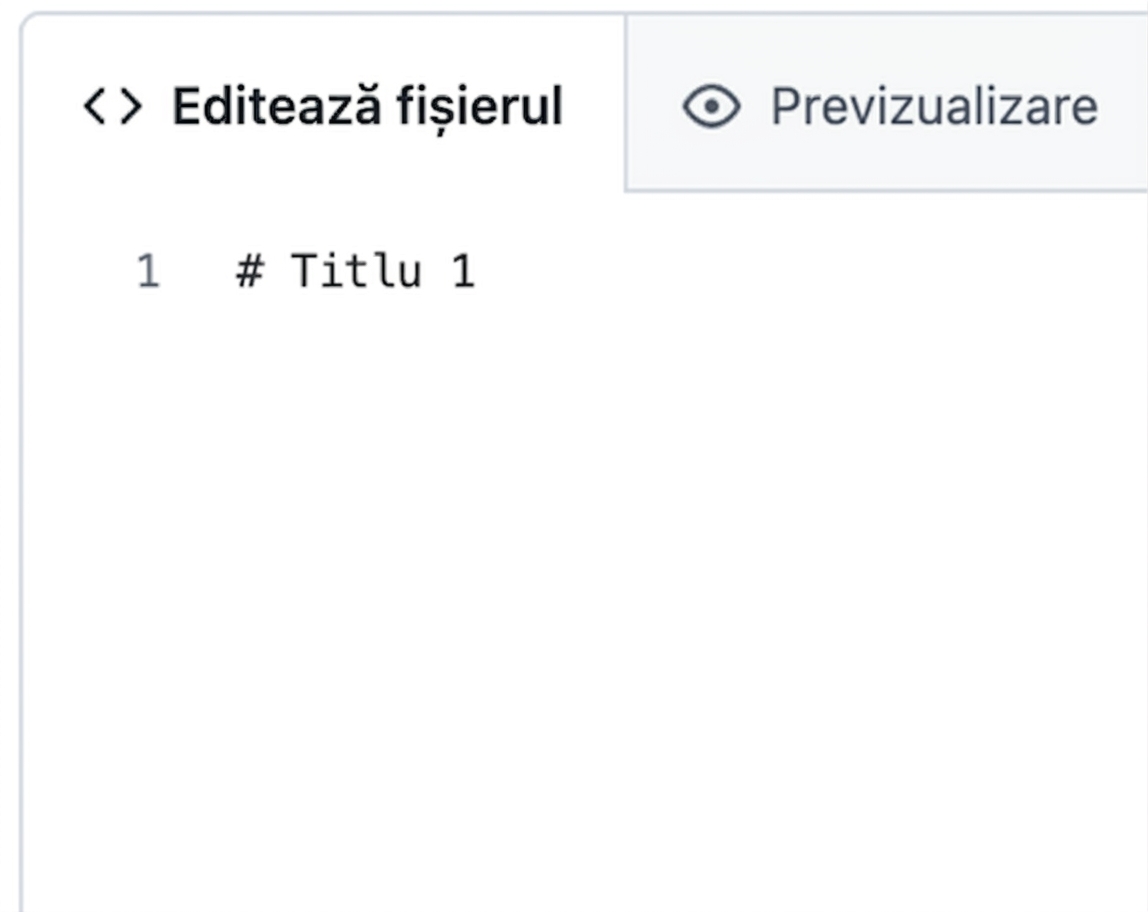 Vizualizarea paginii de editare a unui fișier markdown cu sintaxa pentru titlul de nivel 1