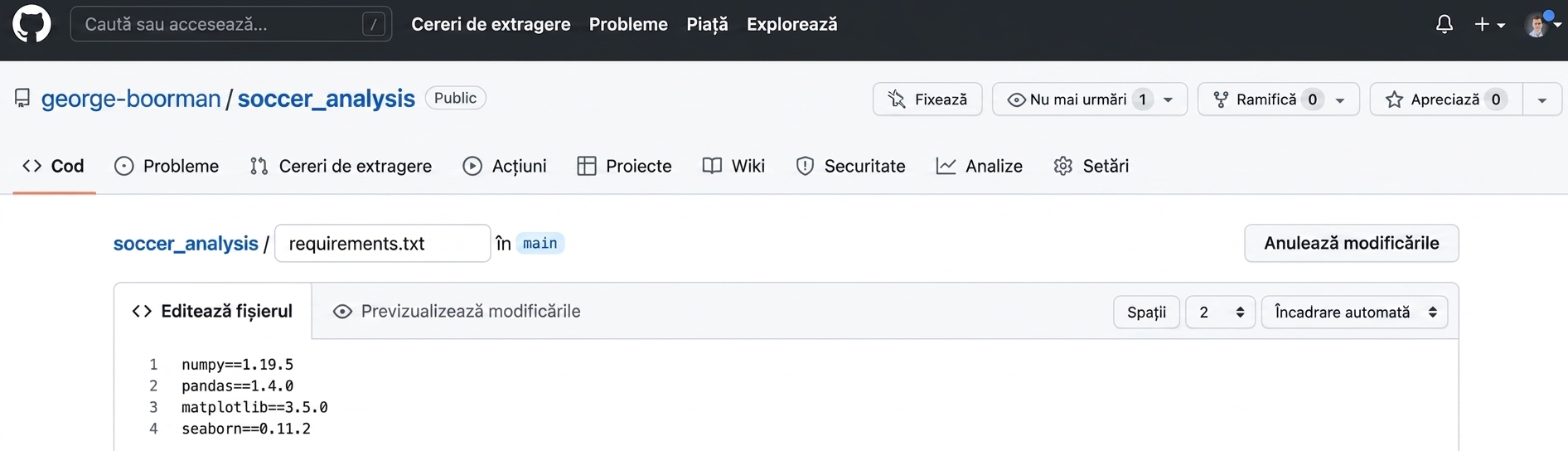 adăugarea pachetului seaborn și a versiunii în requirements-dot-txt