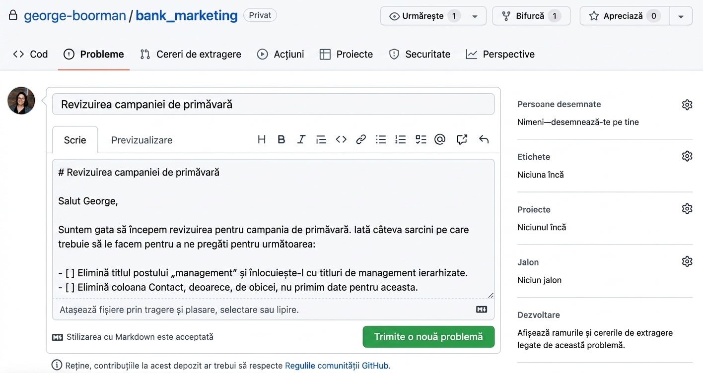 Vedere la crearea unui issue nou cu titlul și corpul completate