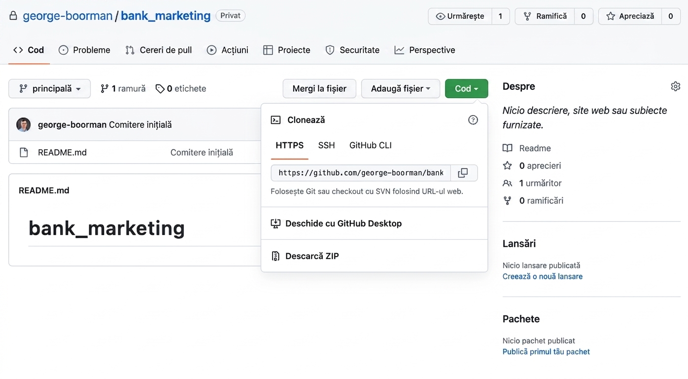 Vedere a meniului derulant după apăsarea butonului Code pe un repo GitHub.