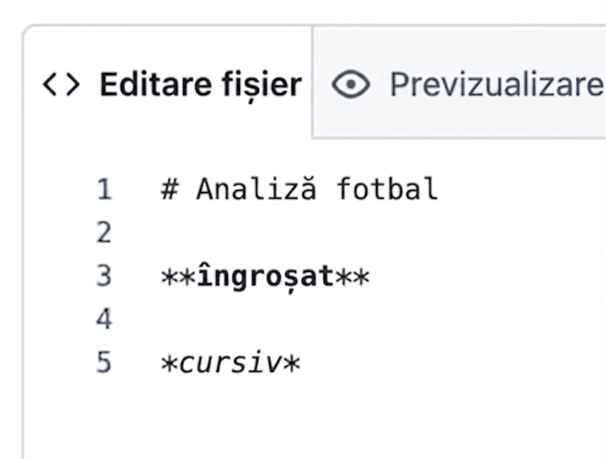 Vizualizarea paginii de editare a unui fișier markdown cu sintaxa pentru bold și italic