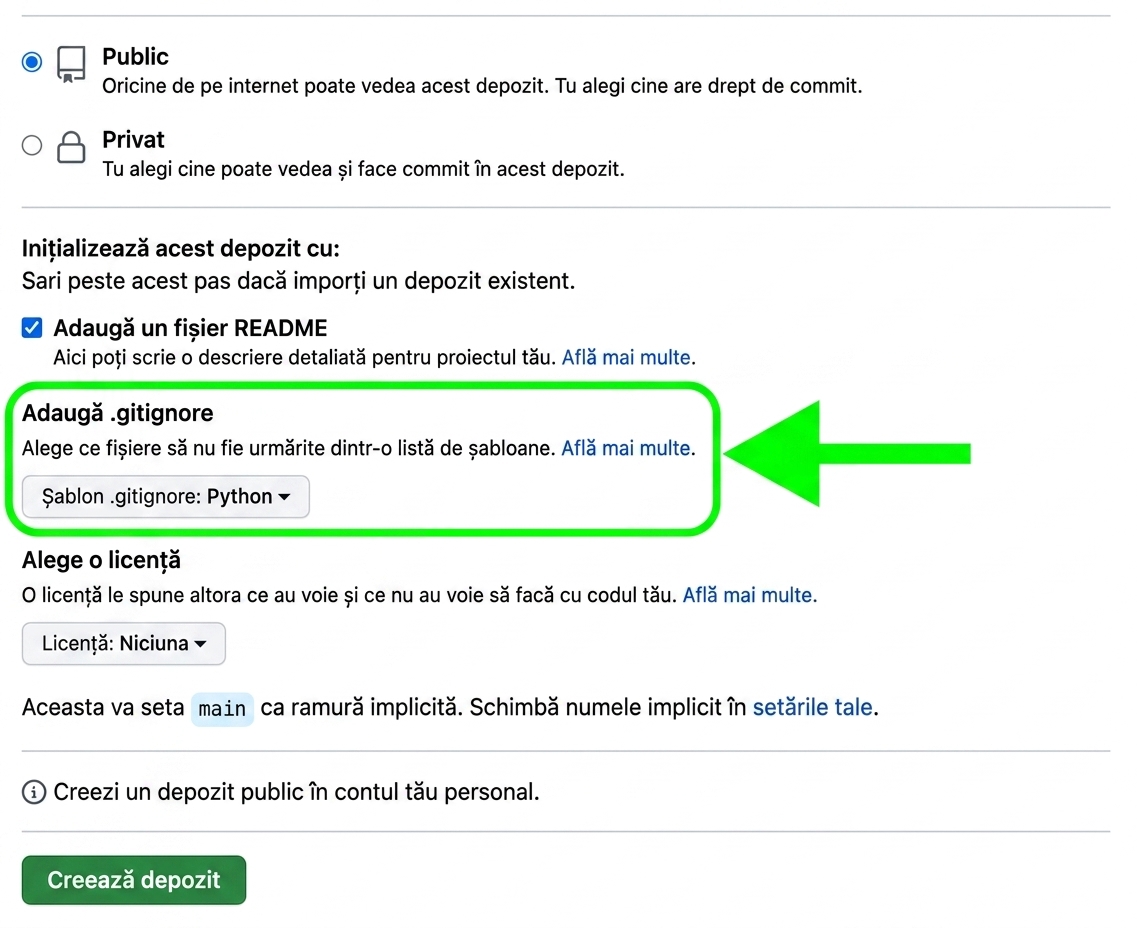 Vedere a paginii de creare a unui repository nou cu opțiunea gitignore evidențiată și șablonul Python selectat