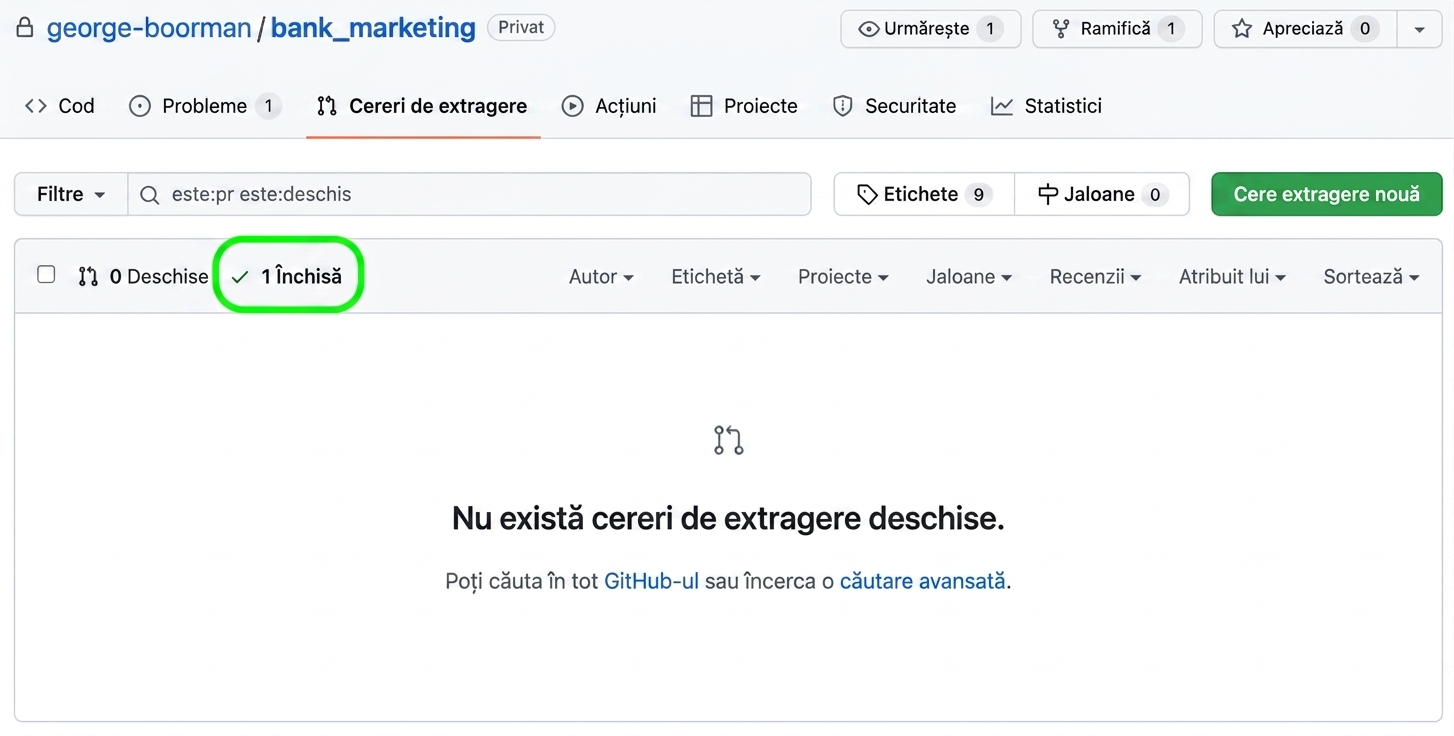 Vizualizarea filei pull requests cu PR-urile din depozit evidențiate
