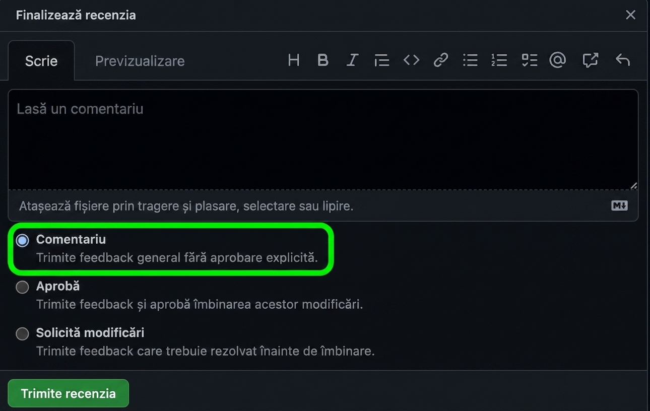 Vedere detaliată a opțiunilor de răspuns la un PR, cu opțiunea „comment" încercuită