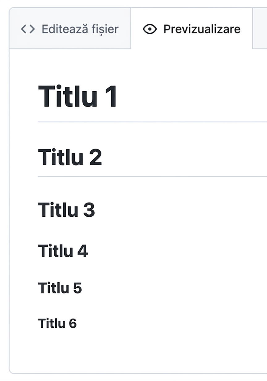 Vizualizarea paginii de previzualizare a unui fișier markdown cu toate șase tipuri de titluri