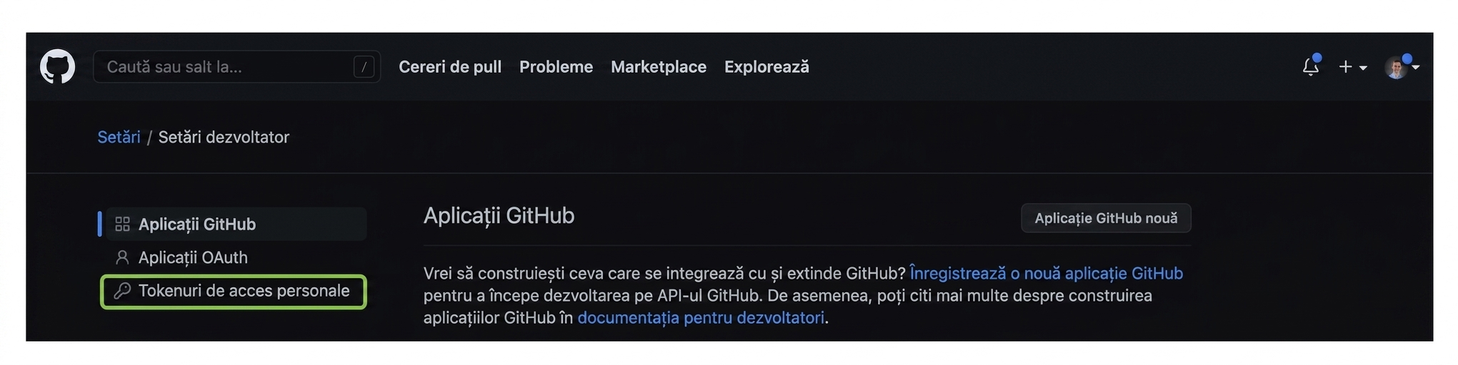 Pagina Developer settings cu trei opțiuni: GitHub Apps, OAuth Apps și Personal access tokens