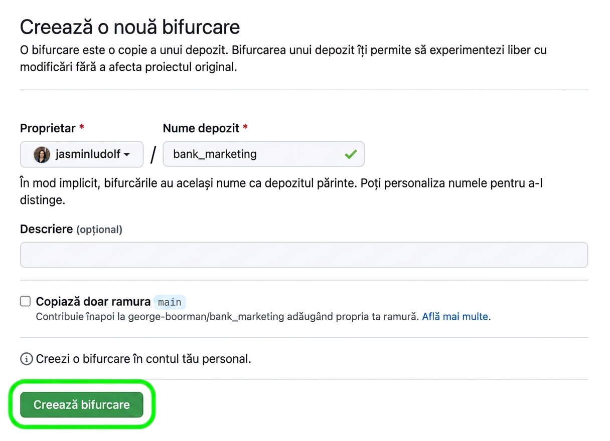 Vedere a paginii de creare a unui fork nou, cu butonul Create fork evidențiat