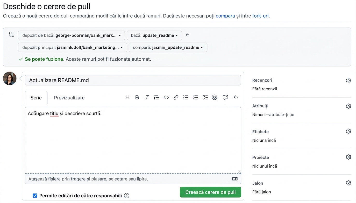 Vizualizare pentru adăugarea de detalii la un pull request