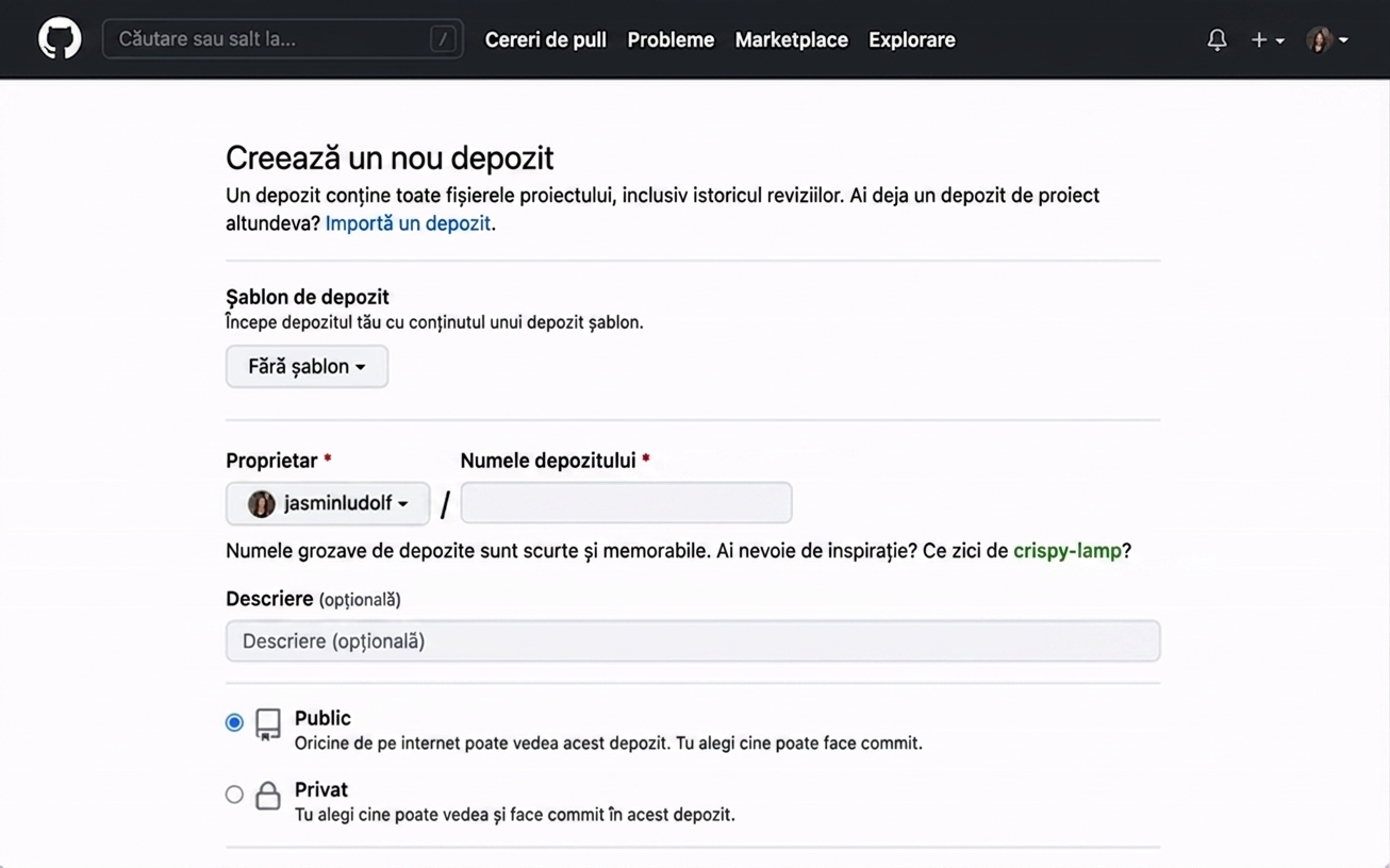 Vedere animată a paginii de creare a unui repository nou cu numele și descrierea completate